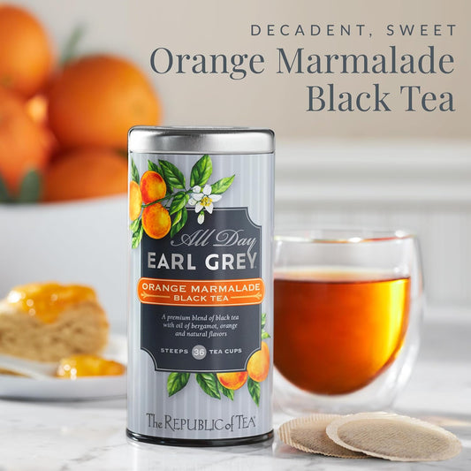 The Republic of Tea All Day Earl Grey Orange Marmalade Black Tea, 36 Count | Naturally Caffeinated. Made for morning or afternoon. Brisk and full-bodied with notes of lively citrus and bright bergamot.
