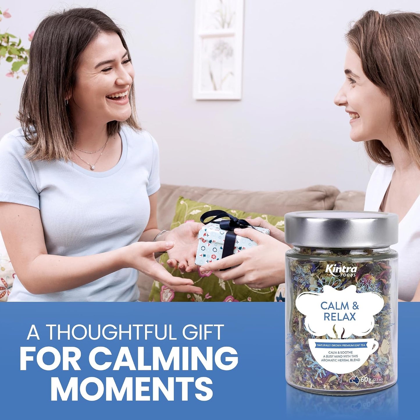 Kintra Foods Calm &amp; Relax Loose Leaf | Herbal Blend With Chamomile, Lavender and Passionflower | Soothing Tea | Caffeine-Free Calming Tea | 60g Jar for Ultimate Relaxation