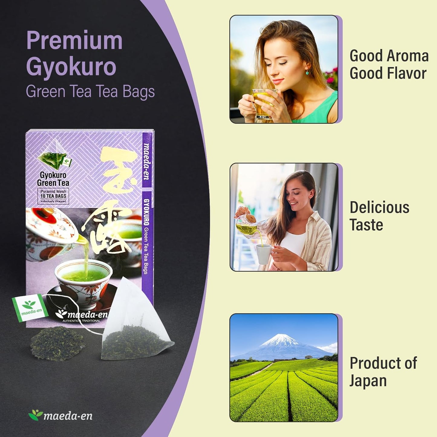 MAEDA-EN Premium Green Tea 10 Tea Bags Japanese Origin Green Tea Leaves Individually Wrapped Teabags (1pk, Gyokuro Green Tea)