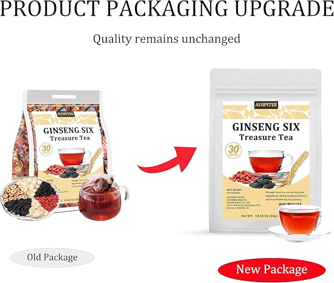 Ginseng Six Treasures Tea, 30Bags/10.58Oz, Traditional Chinese Tea, Natural Herbal Tea for Men Women, 6 Precious Ingredients Formula