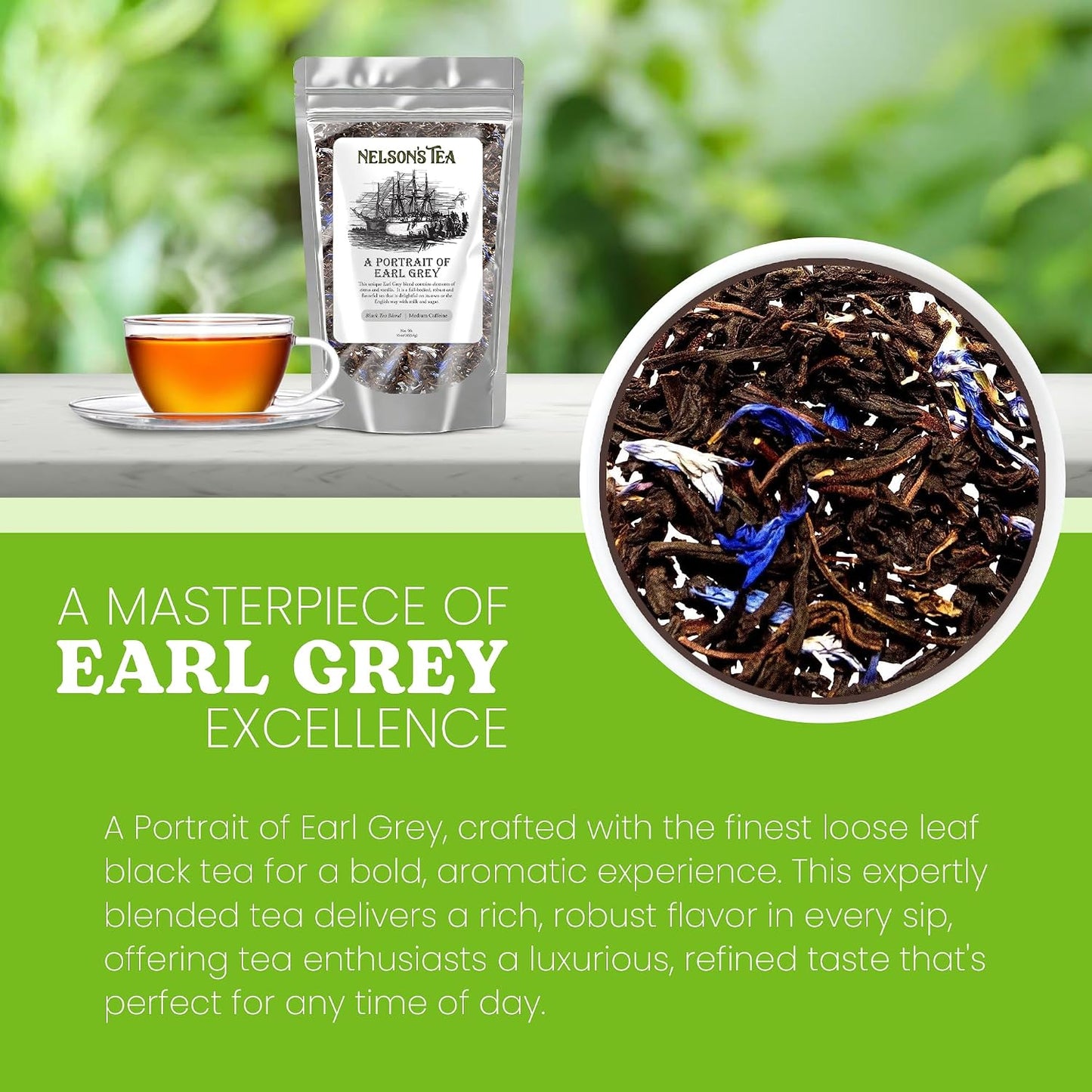 Nelson's Tea Portrait Earl Grey Cornflower Loose Leaf Black Tea, 16 oz | Petals Bergamot Classic • Tea • Loose Leaf Black Tea • Cornflower Petals • Portrait Earl Grey Cornflower Loose Leaf Black