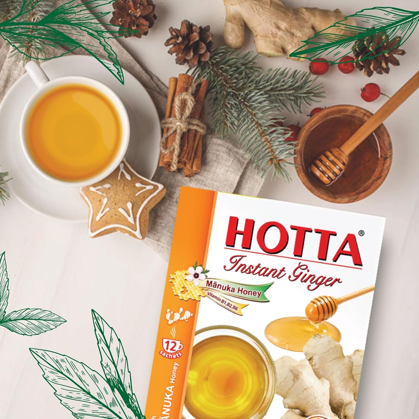 HOTTA Instant Ginger Drink with Manuka Honey, Naturally Sweet, Caffeine-Free Herbal Tea, High in Vitamin B1, B2 & B6, Smooth & Comforting, Enjoy Hot or Cold, 12 Sachets