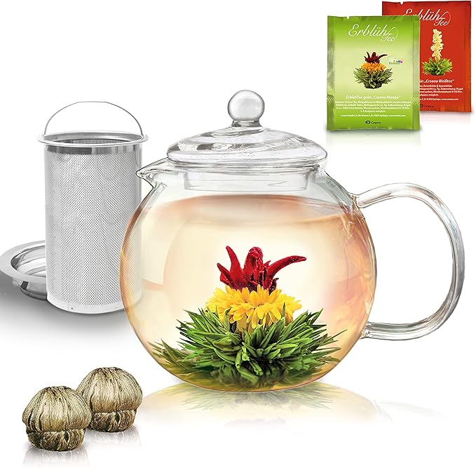 Creano Glass Teapot 44oz (1300ml) with removable stainless steel Tea Infuser - includes 2 Blooming Teas - Giftset - Tea Kettle and Tea Maker
