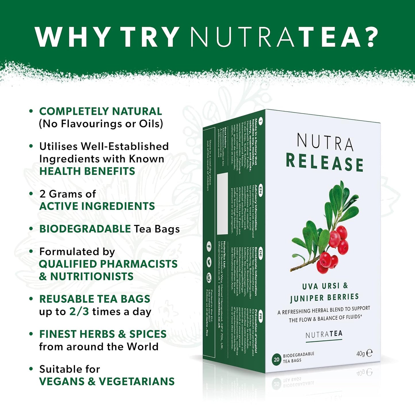 NUTRARELEASE - Water Retention Tea | Bloated Stomach Tea - Natural Diuretic For Water Balance - Includes Dandelion Root &amp; Bearberry - 40 Enveloped Tea Bags - by Nutra Tea - Herbal Tea - (2 Pack)
