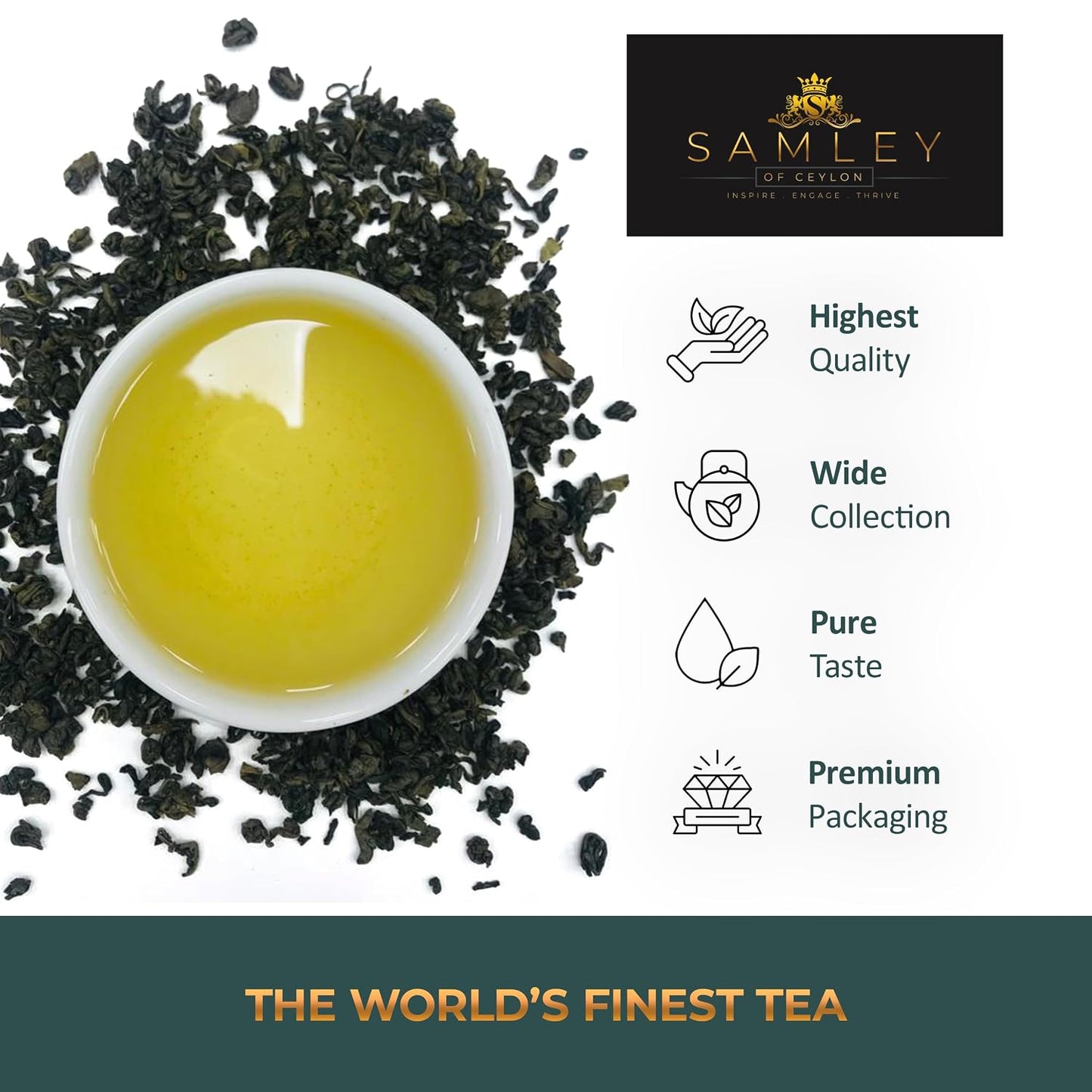 SAMLEY CEYLON - Green Tea Loose Leaf - Ceylon Tea Premium Green Tea - Mountain Fresh Sri Lanka Pure Fantasy Blend - Loose Leaf Specialty Grade Authentic Quality - 3.5oz Package
