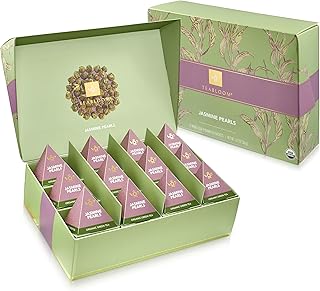 Teabloom Jasmine Pearls – USDA Organic Jasmine Green Tea in Plant-Based Pyramid Sachets – Luxury Tea Gift Box with 12 Compostable Sachets – Kosher Certified