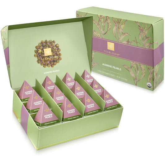 Teabloom Jasmine Pearls – USDA Organic Jasmine Green Tea in Plant-Based Pyramid Sachets – Luxury Tea Gift Box with 12 Compostable Sachets