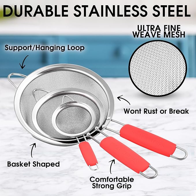 Zulay Kitchen Premium Stainless Steel Fine Mesh Strainer Set - Strainers For Kitchen (Set of 3) With Non-Slip Handles - Includes A Small, Medium & Large Fine Mesh Sieve Set - Durable Metal Strainer