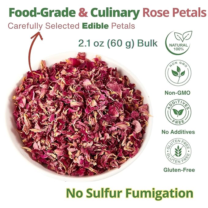 Dried Rose Petals Edible, 2.1oz (60g) Food Grade Rose Petals Tea– Culinary Roses Petals for Tea, Drinks, Baking & Cocktails