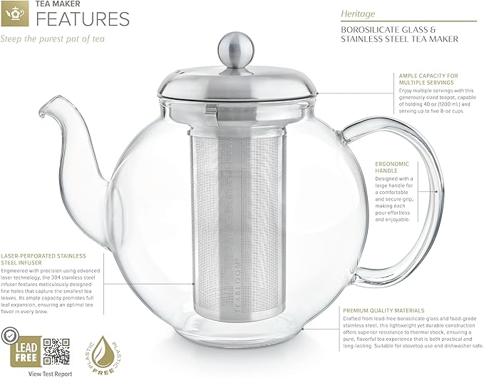 Teabloom Heritage Borosilicate Glass Teapot – 40 oz Classic Round Design with Stainless Steel Infuser – Stovetop Safe, Drip-Free Spout
