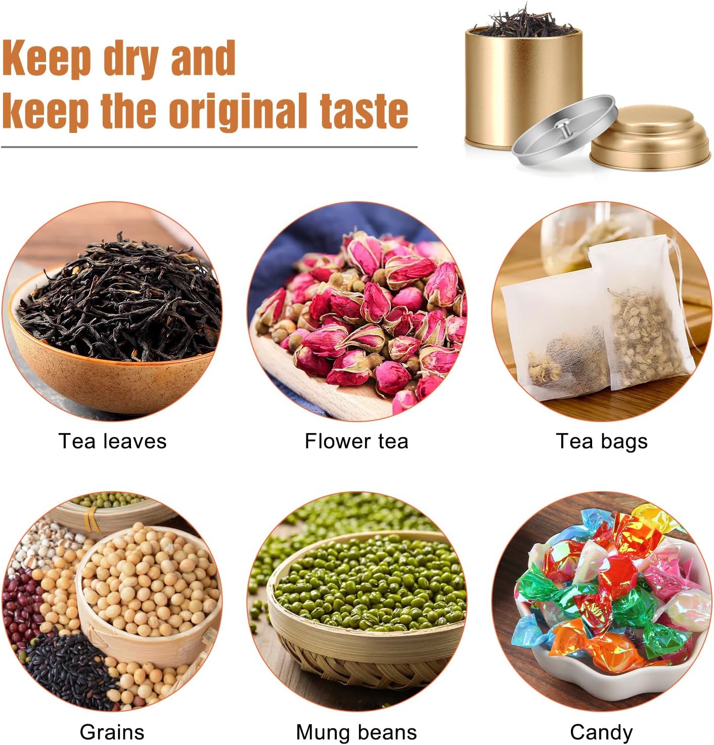 TRISCO 6PCS Tea Tin with Airtight Double Lids for Loose Leaf Tea Storage | 8 Fl Oz Capacity,Kitchen Small Tin Can Tea Canisters,for Loose Tea Coffee Sugar Candy Spices,Holiday Gift,Gold
