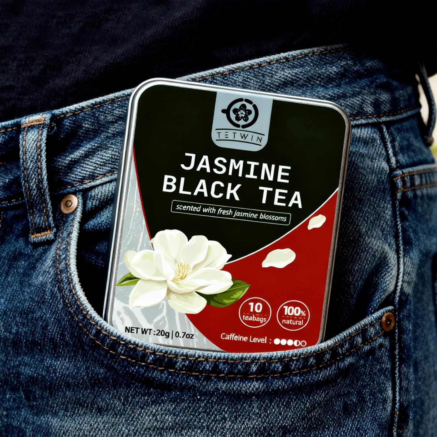 Jasmine Black Tea Bags, 3-Scented Loose Leaf in PLA teabag - Bitterness-Free, Naturally Sweet & Mellow, 10 Count Portable Tin
