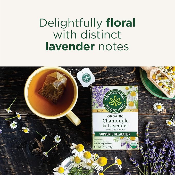 Traditional Medicinals Organic, Chamomile & Lavender - Chamomile Tea Supporting Stress Relief and Relaxation - Kosher, Non-GMO, Caffeine-Free, Compostable - 16 Tea Bags