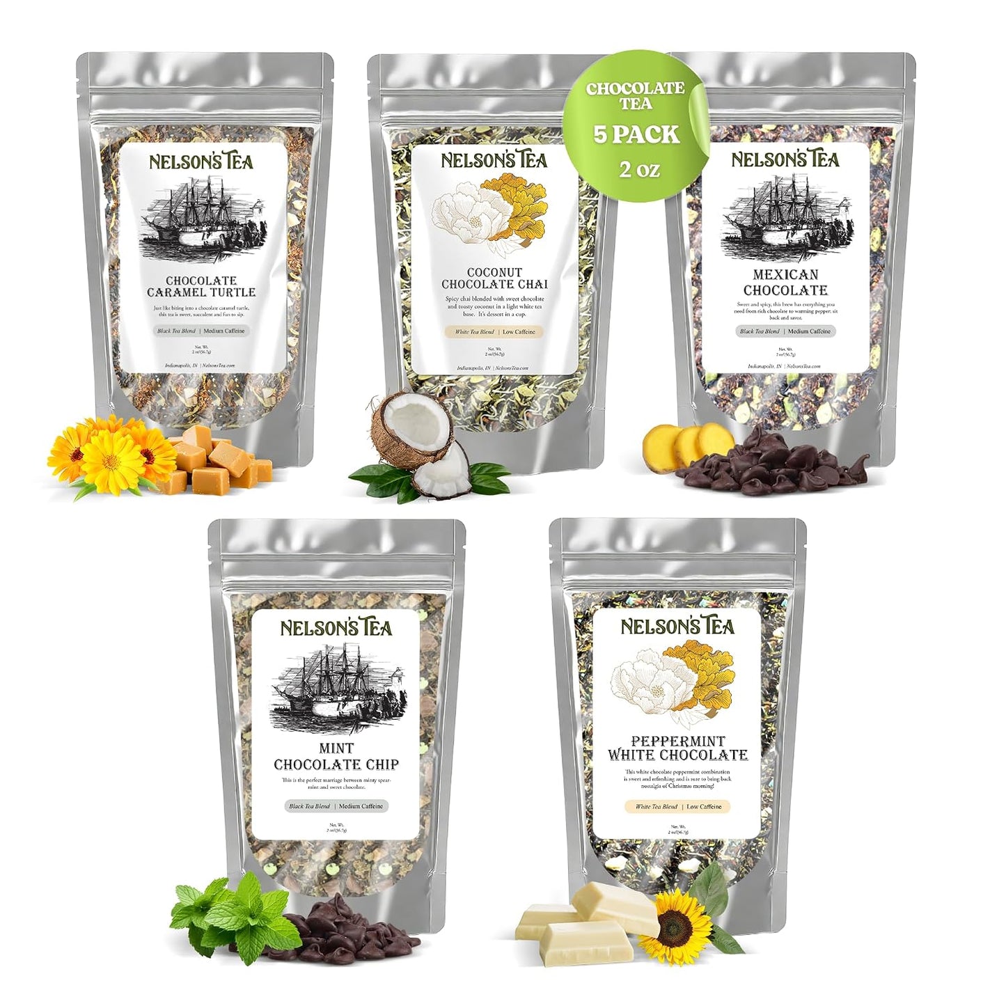 Nelson's Tea Chocolate Sampler Pack 5 Flavors Loose Leaf Tea, 2 Oz | Apricot Beach Cobbler, Banana Nut Bread, Caramel Apple, Butterscotch Pie, Chocolate Caramel Turtle