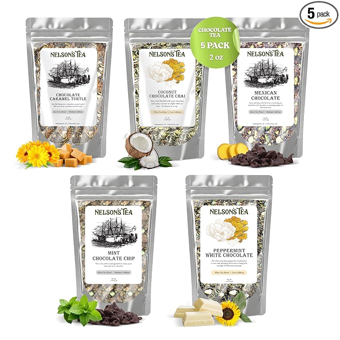 Nelson's Tea Chocolate Sampler Pack Tea - Loose Leaf Tea Sampler - Choc. Caramel Turtle, Coconut Choc Chai, Mexican Chocolate, Mint Chocolates Chip