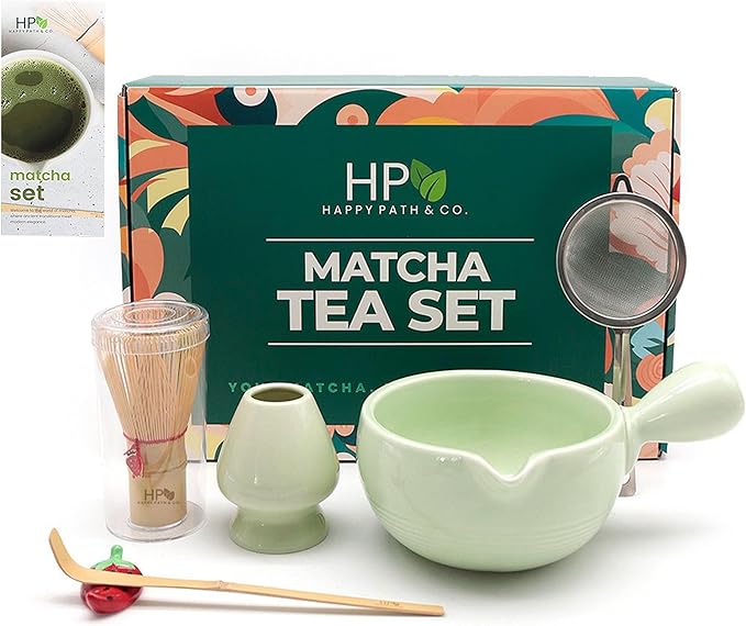 Happy Path & CO Matcha Whisk Set – 6 Pcs Matcha Tea Set Includes Bamboo Whisk(Chasen) & Holder,Bowl with Spout,Sifter,Scoop & Stand