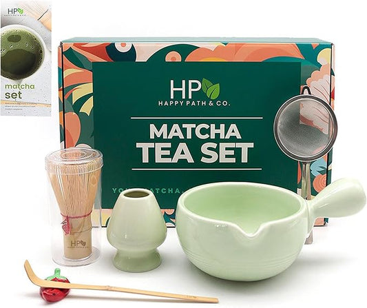 Happy Path & CO Matcha Whisk Set – 6 Pcs Matcha Tea Set Includes Bamboo Whisk(Chasen) & Holder,Bowl with Spout,Sifter,Scoop & Stand