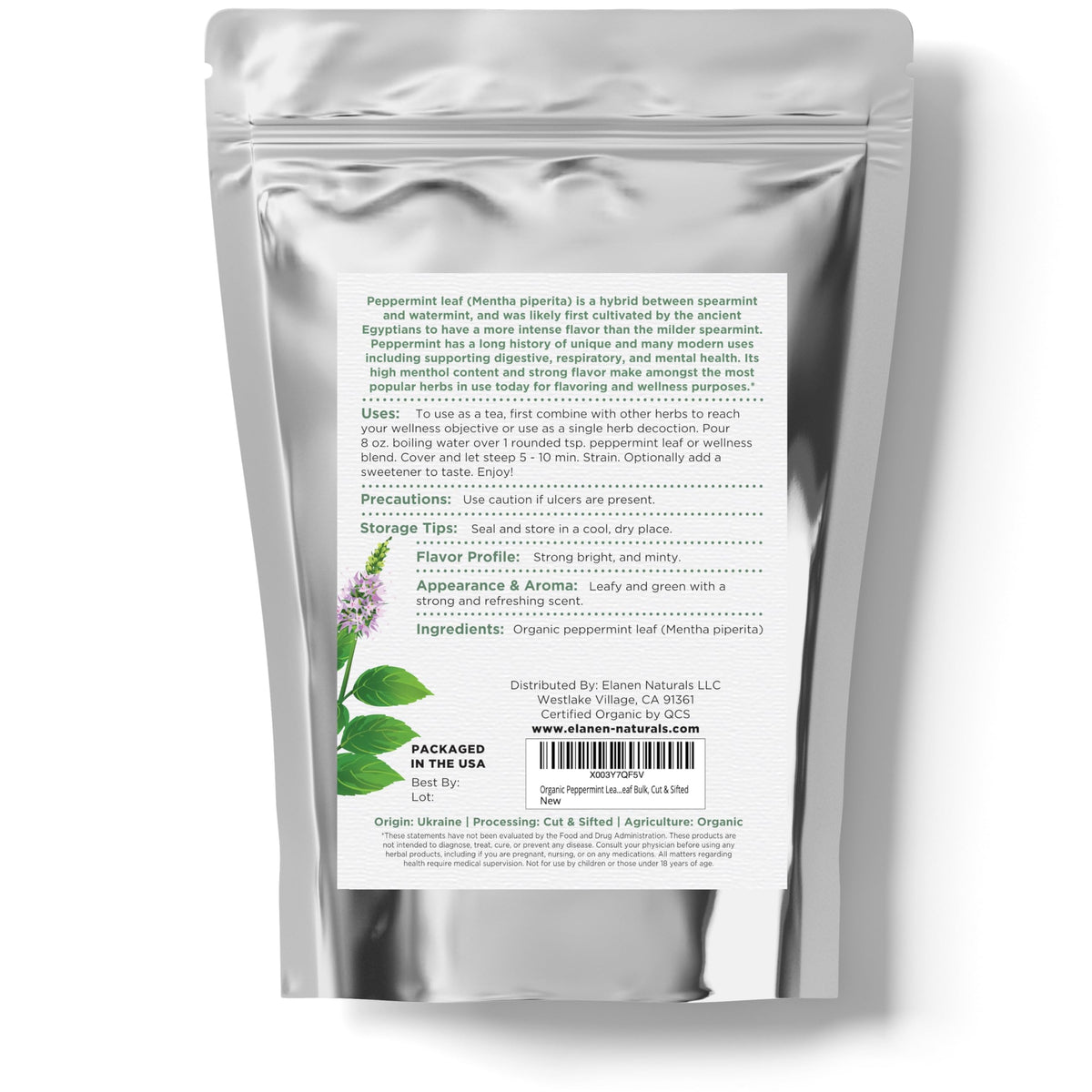 Elanen Naturals Organic Peppermint Leaves 4 oz. (113g), USDA Certified Organic Peppermint Tea Loose Leaf, Dried Mint, Dry
