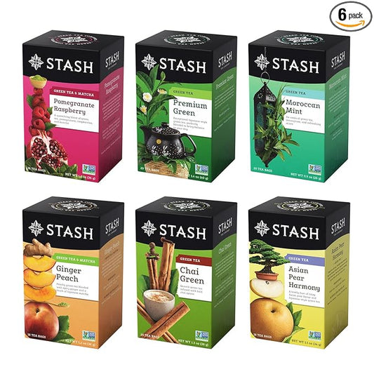 STASH Green Tea Variety Pack – Caffeinated, 6 Boxes of 18-20 Tea Bags Each – Pomegranate Raspberry, Premium Green, Moroccan Mint, Ginger Peach, Chai Green & Asian Pear Harmony