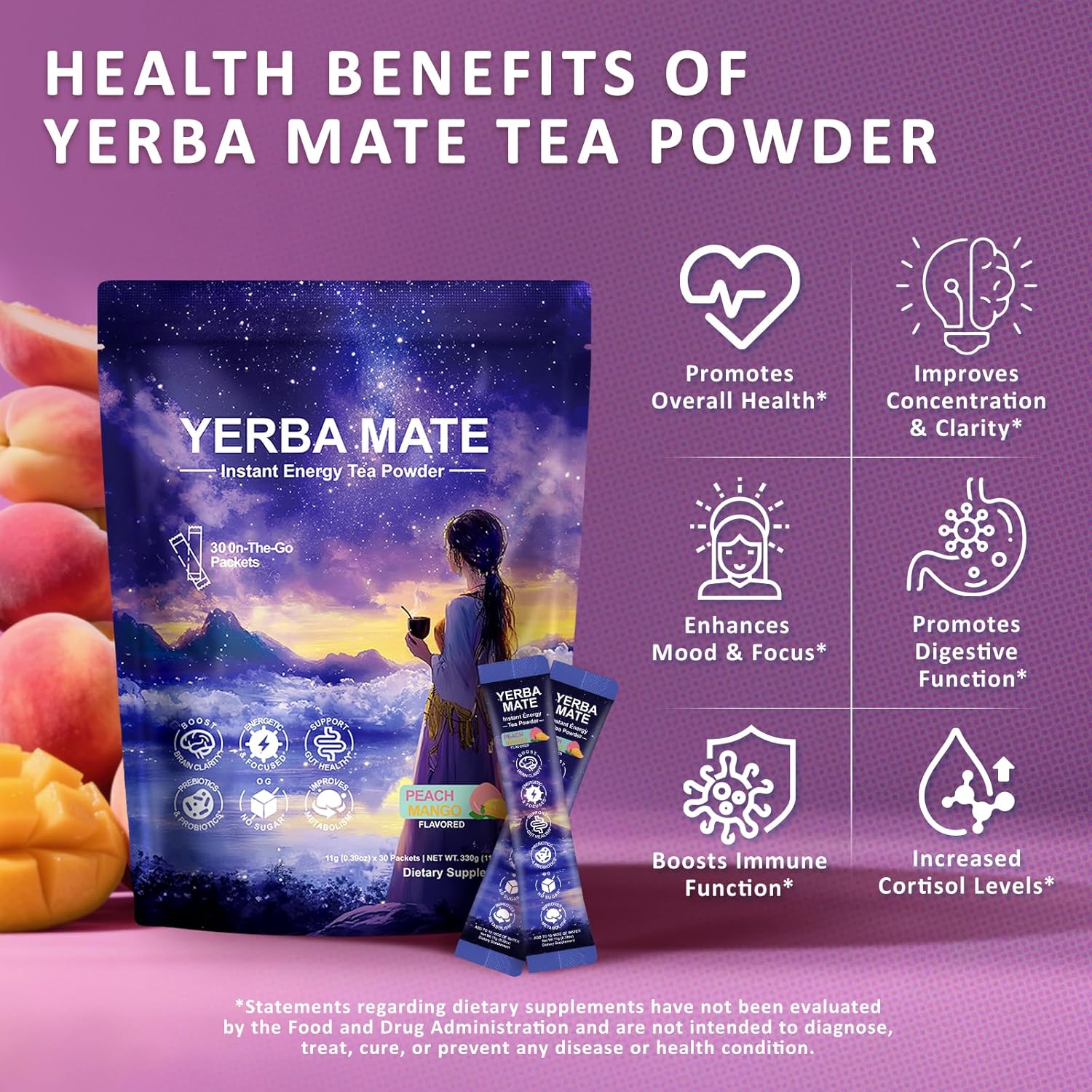 Yerba Mate Peach Mango Drink Mix - Instant Tea Powder with Natural Caffeine & Probiotics for Gut Health, Focus, Cortisol Levels, Immunity, 30 Servings Clean Energy Drink Powdered, No Crash, Sugar-Free