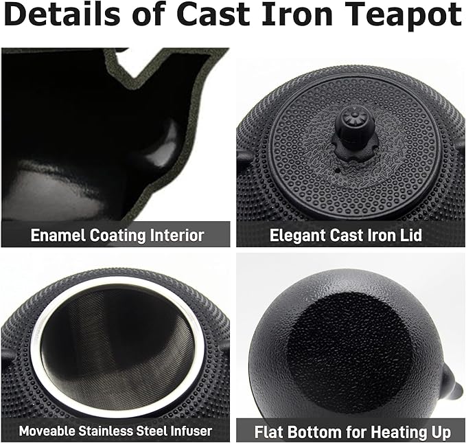 40.6oz Cast Iron Teapot, Japanese Tetsubin Tea Kettle for Stovetop Safe, Black Cast Iron Tea Kettle with Infuser for Loose Leaf