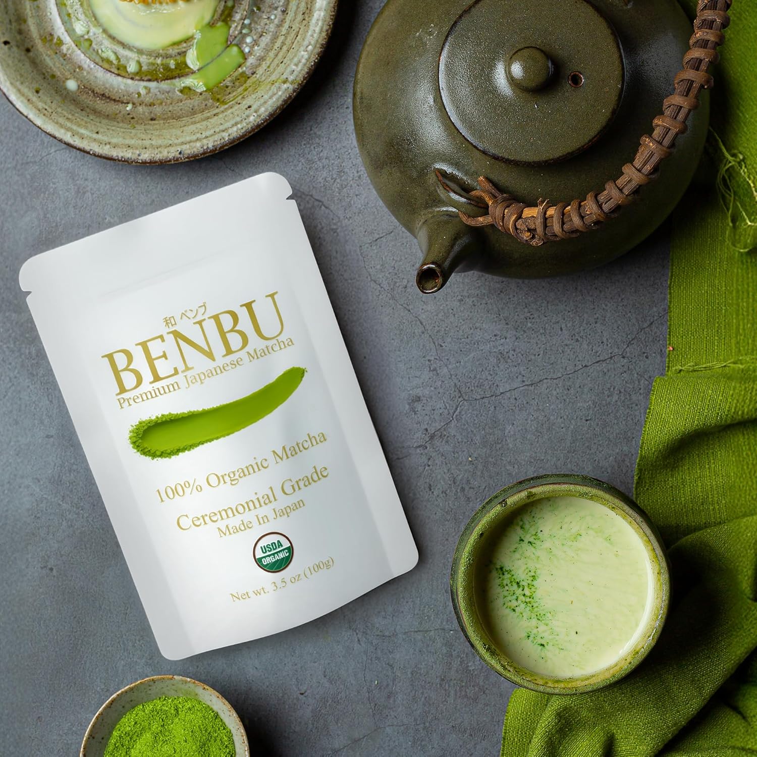 BENBU Matcha Powder - USDA Organic Ceremonial Grade, First Harvest, Stone-Milled in Japan, Authentic Japanese Green Tea, No Additives, 3.5 oz (100g) Pouch