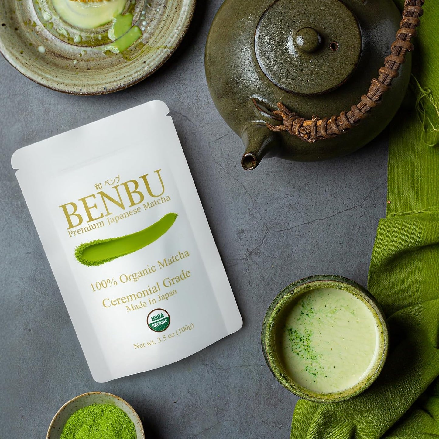 BENBU Matcha Powder - USDA Organic Ceremonial Grade, First Harvest, Stone-Milled in Japan, Authentic Japanese Green Tea, No Additives, 3.5 oz (100g) Pouch