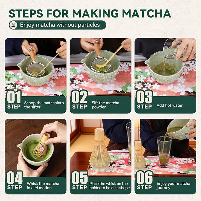 Sakura Matcha Whisk Set, 8 PCS Japanese-Style Matcha Kit with Cherry Blossom Matcha Bowl, Bamboo Whisk & Holder, Scoop, Spoon Rest