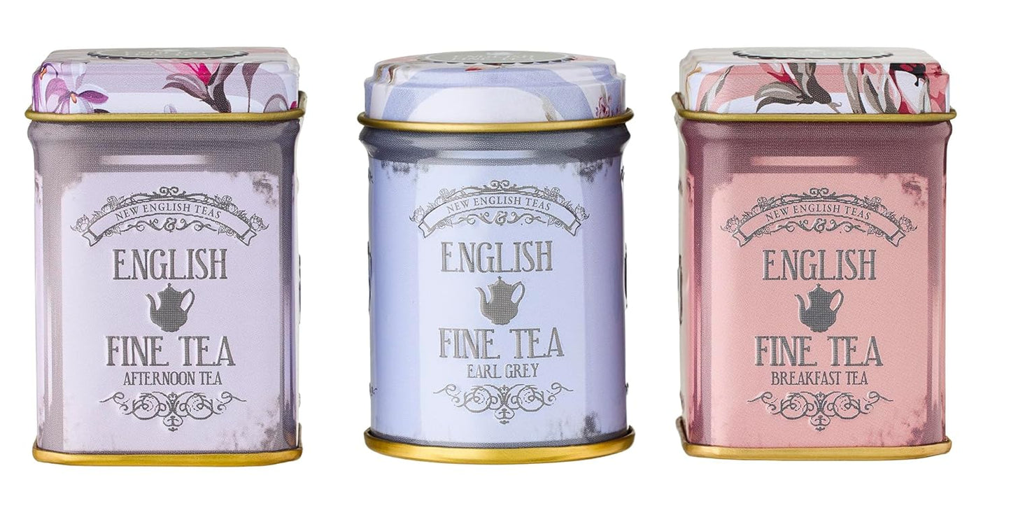 New English Teas Loose Leaf Tea & Infuser Gift Set – 3 Vintage Floral Tins with Breakfast, Earl Grey & Afternoon Blends with Loose Tea Infuser