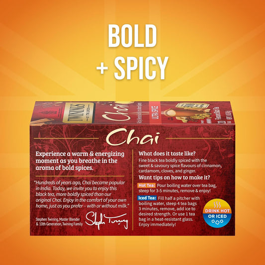 Twinings Ultra Spice Chai Black Tea Bags, 20 CT Box (1 Pack) | Sweet &amp; Savoury, Extra Cinnamon, Ginger, Cardamom &amp; Clove, Naturally Caffeinated, 20 Foil Lined Individually Wrapped Bags