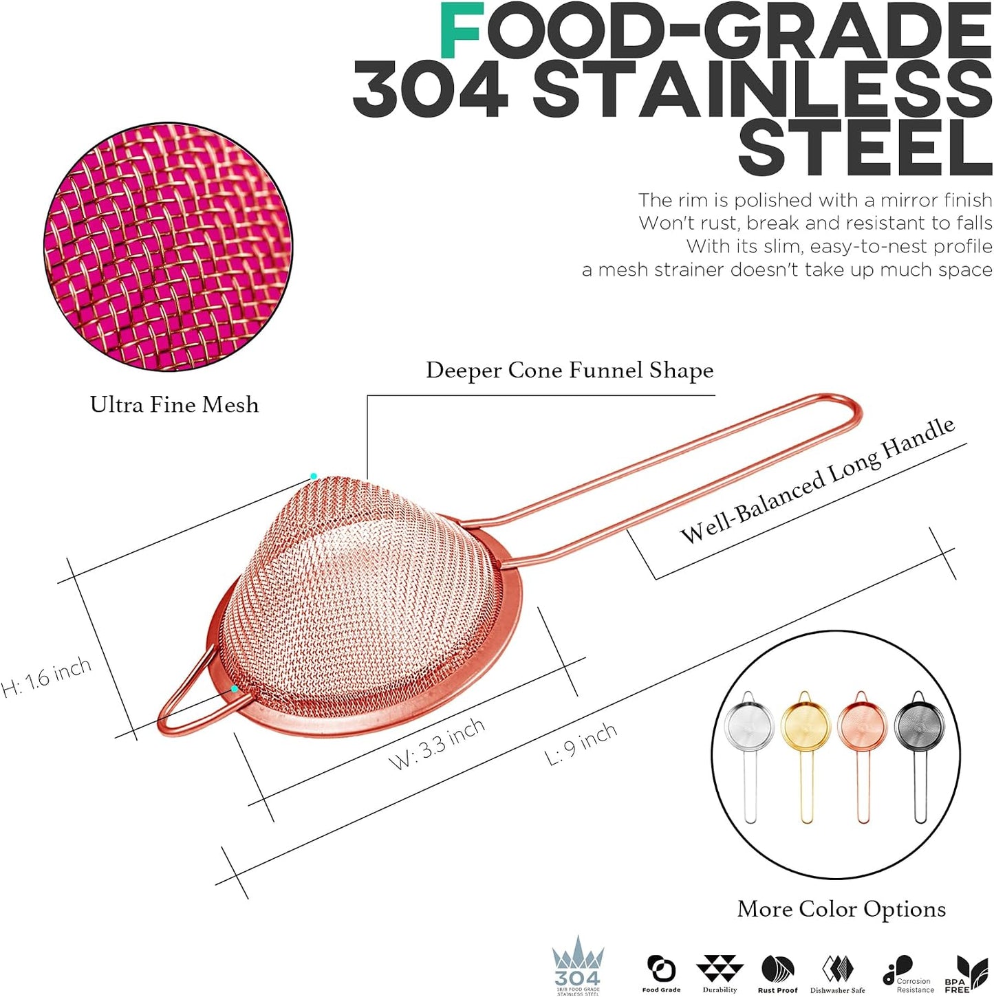 Homestia 304 Stainless Steel Fine Mesh Strainer, Sieve Sifter For Tea, Rose | 3.3'' Kitchen Small Strainer Fine Mesh, Cone Cocktail Strainer, Bar Strainer for Food, Rice, Fruits, Juicing, Drinks, Coffee