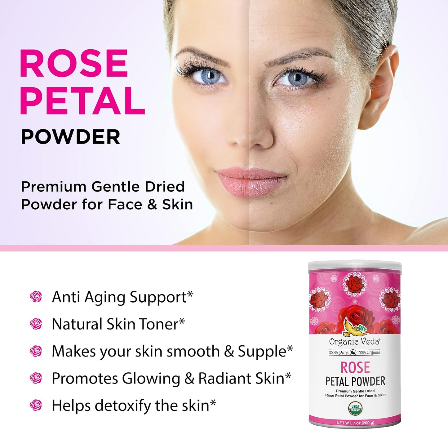 Organic Veda Rose Petals Powder - USDA Organic Edible Dried Rose Petals for Tea, Baking, Drink Mix, DIY Beauty Skin Care