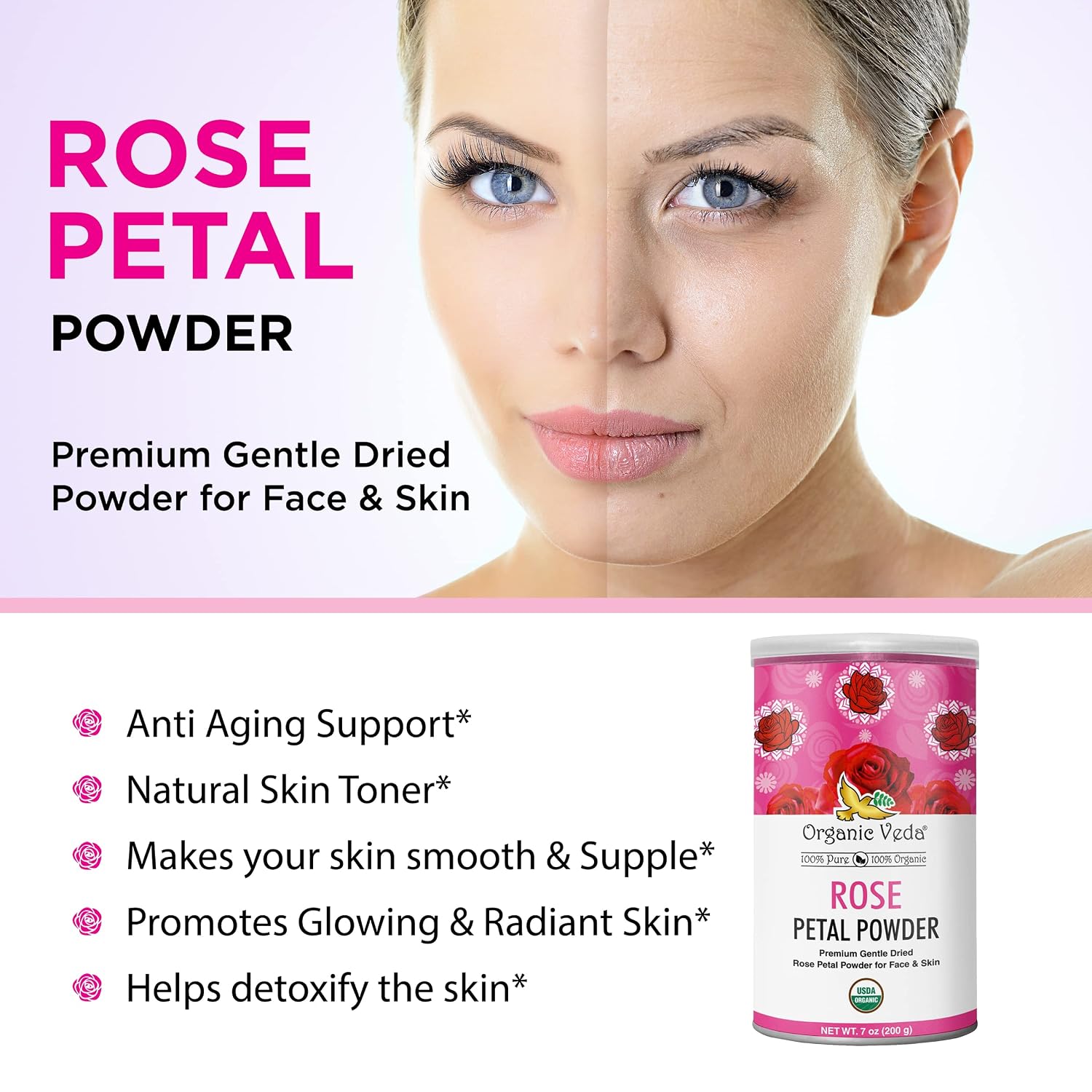 Organic Veda Rose Petals Powder - USDA Organic Edible Dried Rose Petals for Tea, Baking, Drink Mix, DIY Beauty Skin Care