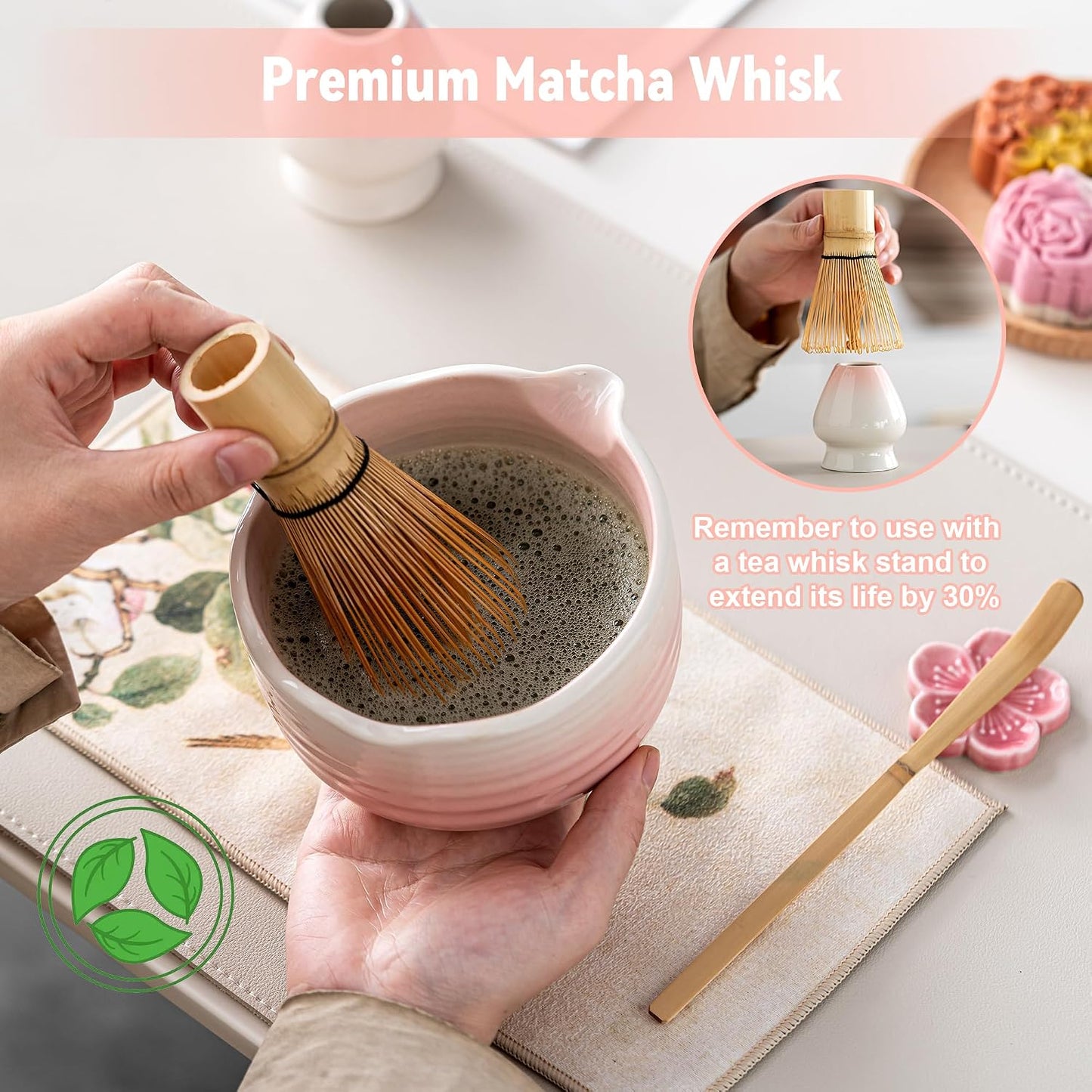 Matcha Whisk Set Ceramic Matcha Set Includes Bowl,Spout Bamboo Chasen Whisk with Ceramic Holder, Matcha Scoop and Stainless Sifter, Matcha Kit Valentine's Day Gifts for Women(7Pcs,Pink)