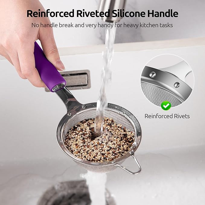 U-Taste Small Fine Mesh Strainer: 18/8 Stainless Steel 3.35in 30 Mesh Kitchen Food Sieve with Sturdy Riveted Silicone Handle, Heavy Duty Deep Handheld Metal Colander for Tea, Juice (Purple)