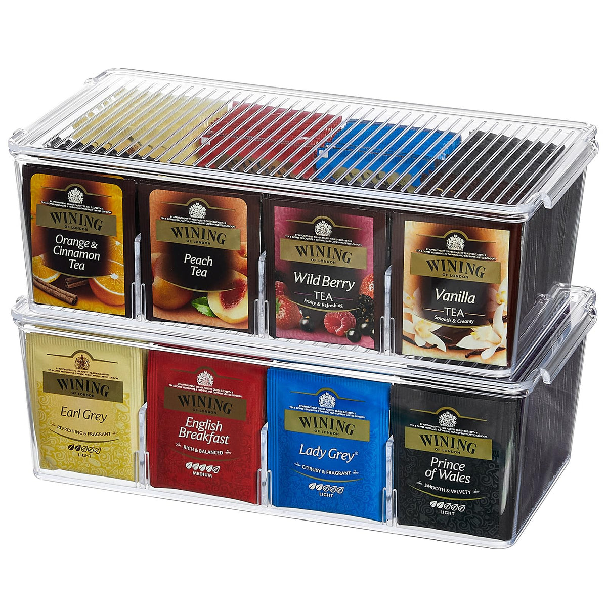 Lifewit 2 Pack 16 Compartment Tea Organizer, Stackable for Cabinet, Clear