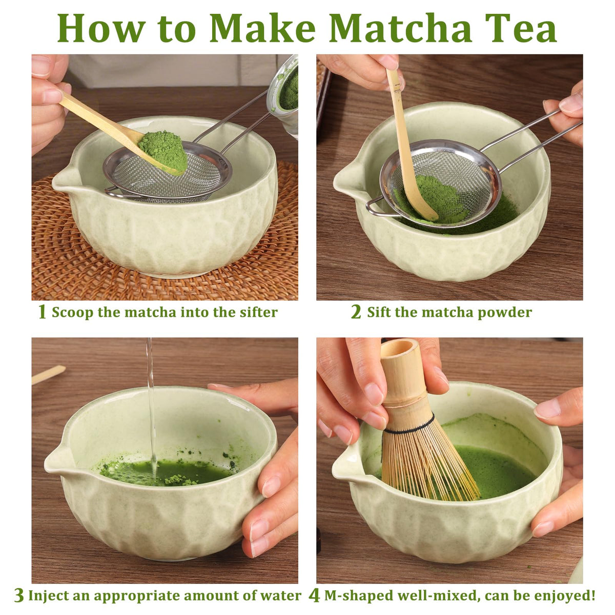 Boosolo Matcha whisk Set,Japanese Matcha Set,Matcha Bowl with Spout,Matcha Whisk and Holder,Bamboo Scoop,Sifter - 6 Pcs Tea