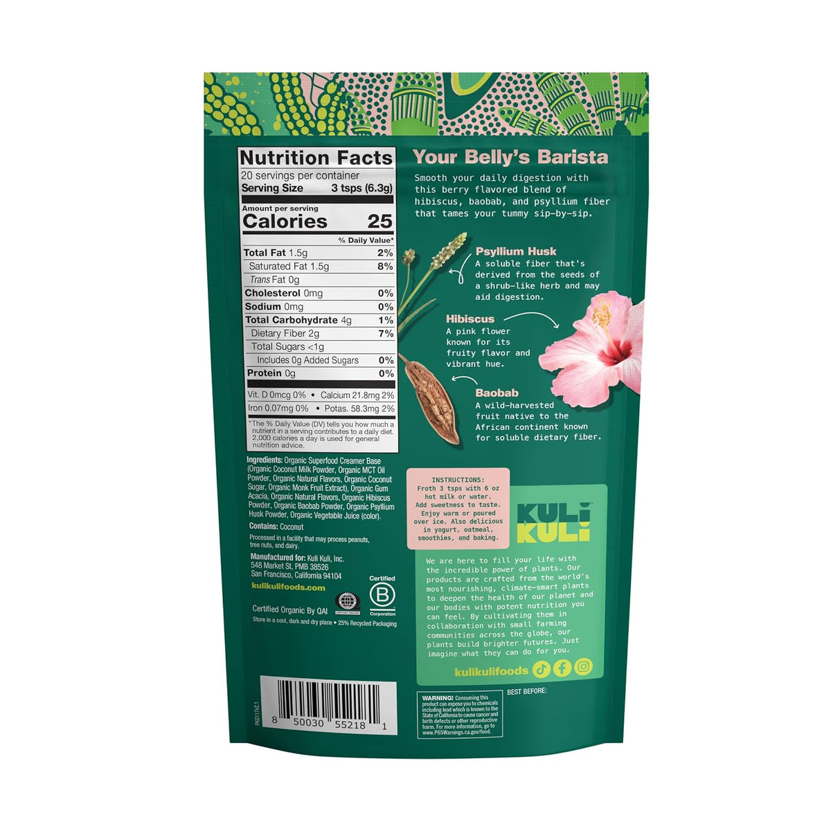 Kuli Kuli Organic Psyllium Husk Fiber Superfood Latte