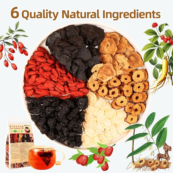 Ginseng Five Treasures Tea - 6 Precious Herbs Kidney Cleanse & Detox Tea, Traditional Chinese Organic Herbal Blend with Ginseng, Goji