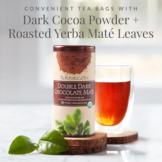 The Republic of Tea Organic Double Dark Chocolate Mate Herbal Tea, 36 Ct | Naturally Caffeinated. Rich notes of cocoa for morning or afternoon sipping. USDA Organic.