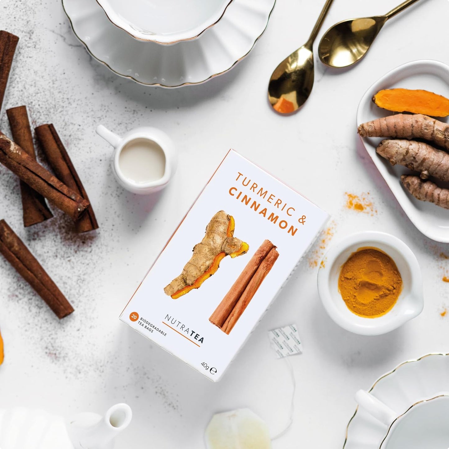 Nutra Tea - Turmeric &amp; Cinnamon Tea | Turmeric Tea - 20 Individually Wrapped, Reusable Teabags - Caffeine Free, All Natural Herbal Blend (1 Pack)