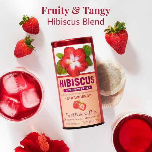 The Republic of Tea SuperFlower Hibiscus Strawberry Herbal Tea, 36 Count | Caffeine Free. Suitable for day or evening sipping. Bright and tart with notes of soft vanilla. Gluten Free and Carb Free.