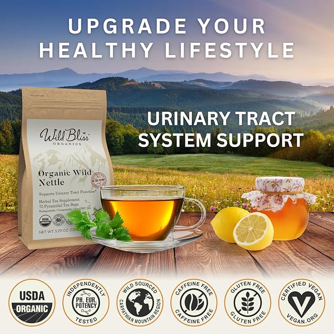 Wild Bliss Organic Wild Stinging Nettle Leaf Tea - Caffeine Free Urinary Tract and Joint Health Herbal Support - Pharmacopoeia Potency