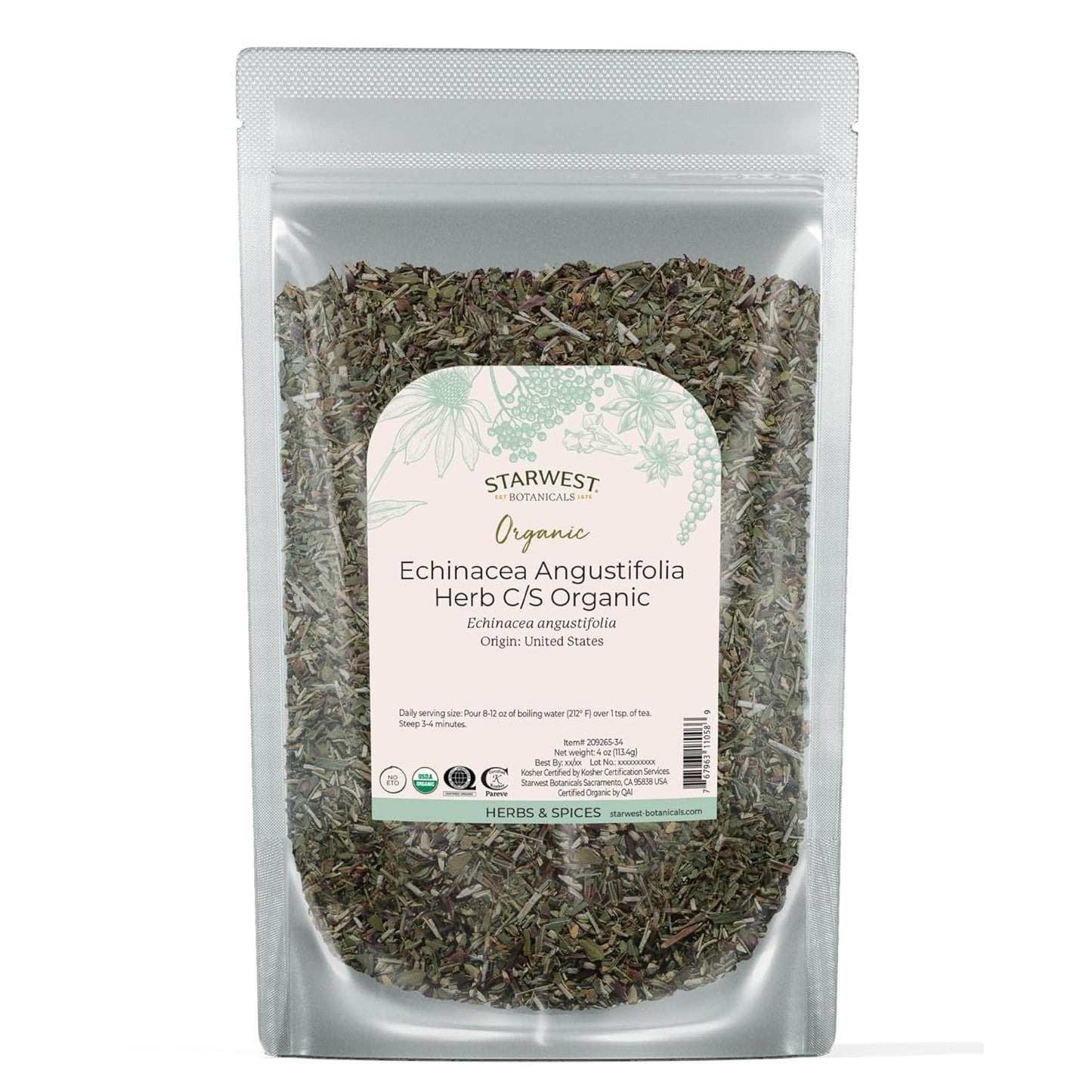 Starwest Botanicals Dried Echinacea Angustifolia Organic - Loose Leaf Herb for Tea & Natural Herbal Blends, Cut & Sifted, Certified Kosher, Non-GMO - 4 oz Pouch