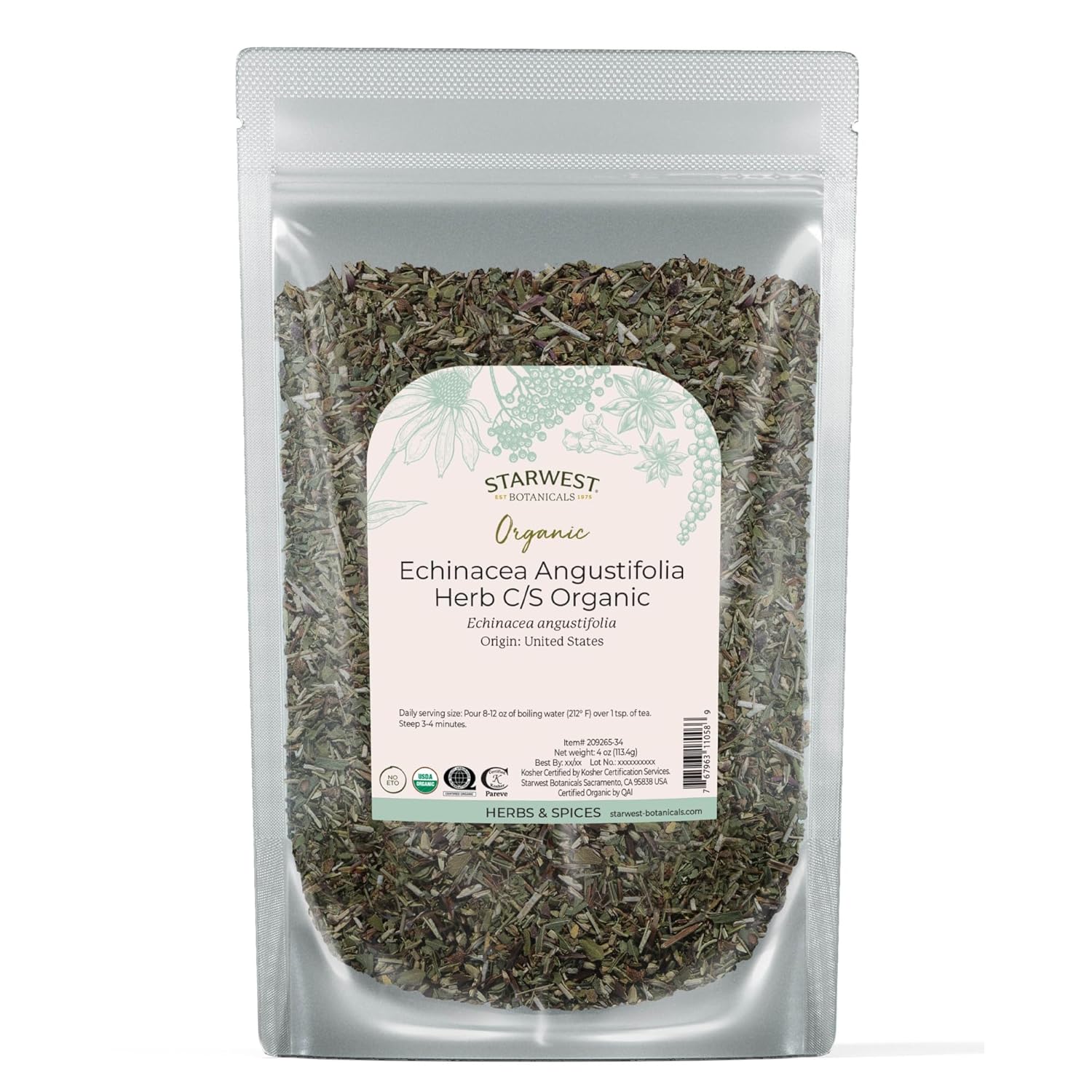 Starwest Botanicals Dried Echinacea Angustifolia Organic - Loose Leaf Herb for Tea & Natural Herbal Blends, Cut & Sifted, Certified Kosher, Non-GMO - 4 oz Pouch