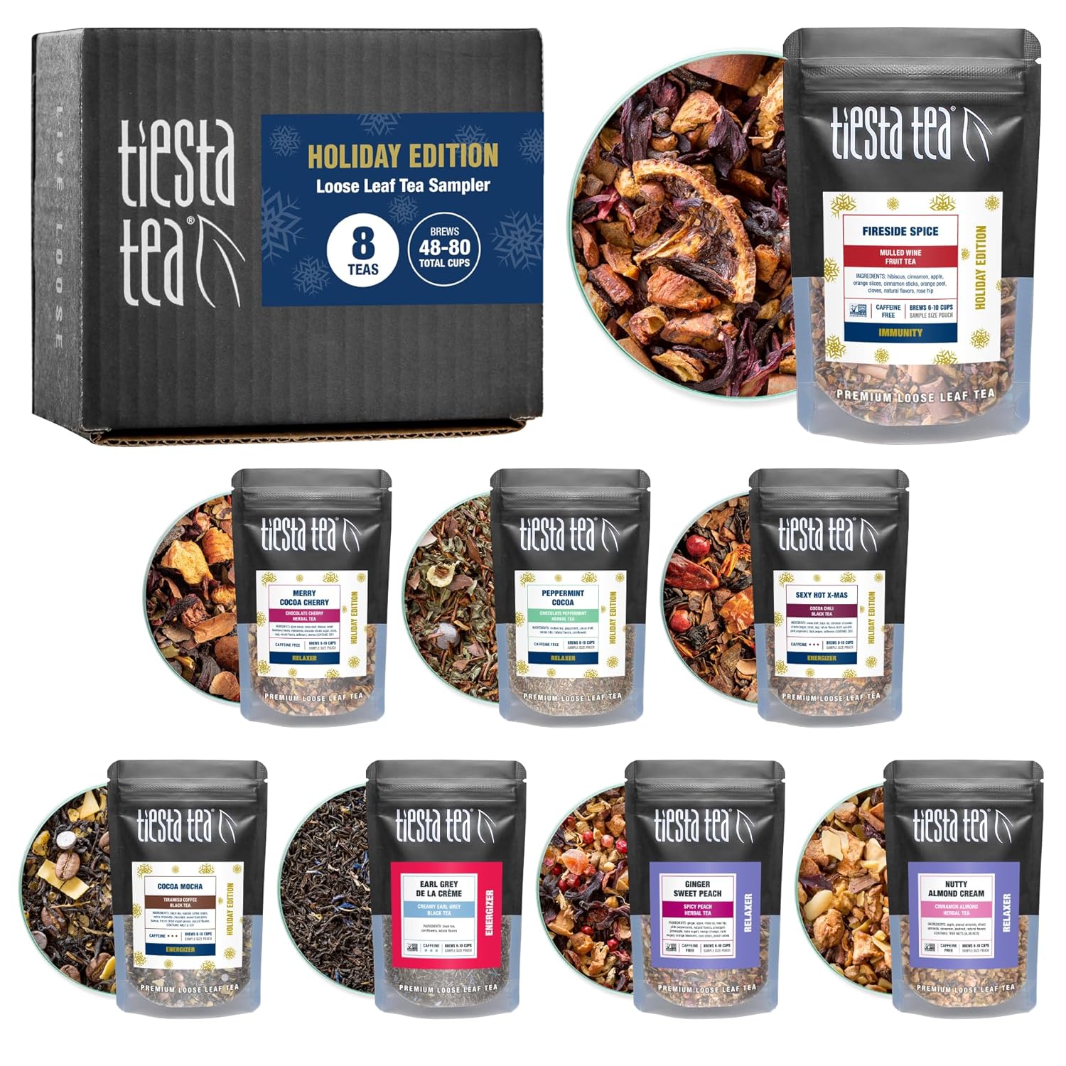 Tiesta Tea - Holiday Tea Sampler Dry Flight Set, Loose Leaf, High to No Caffeine Hot & Iced, Premium Brew Sample with Black, Herbal, Fruit & Hibiscus Blends, 8 Resealable Sample Pouches