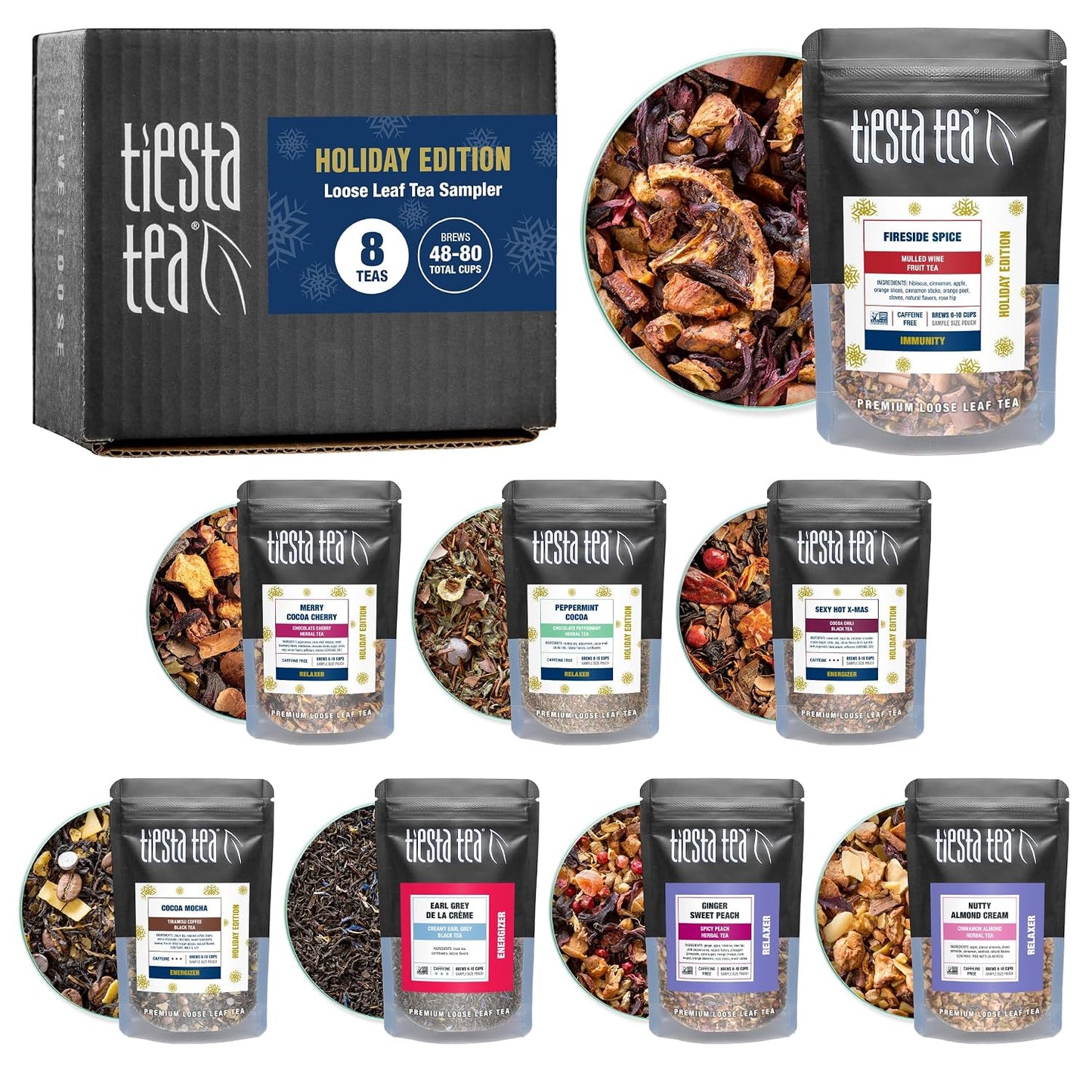 Tiesta Tea - Holiday Tea Sampler Dry Flight Set, Loose Leaf, High to No Caffeine Hot & Iced, Premium Brew Sample with Black, Herbal