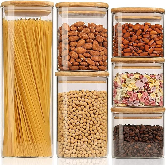ComSaf Food Storage Containers with Airtight Lids Set of 6, Clear Glass Canister Food Jar with Sealing Lid Kitchen Pantry Storage Container for