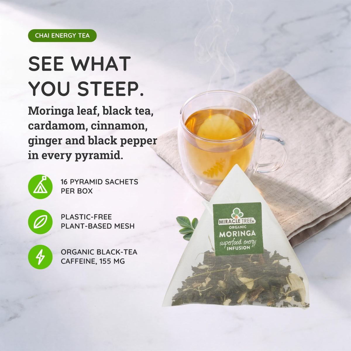Miracle Tree Organic Moringa Energy Tea, Chai, 16 Bags