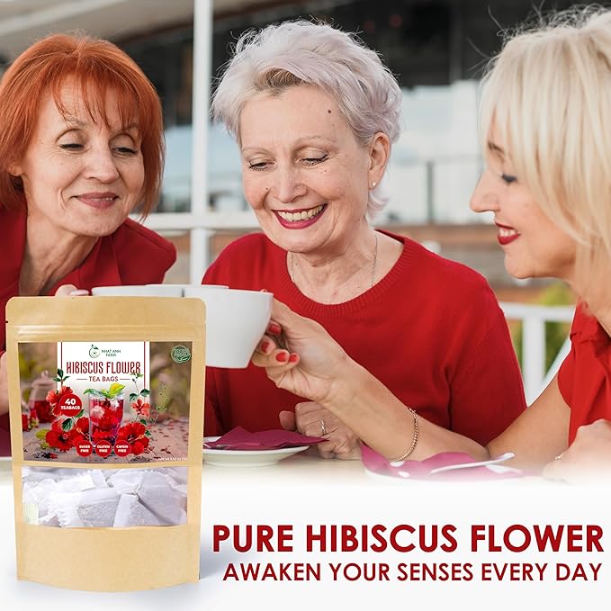 Premium Hibiscus Tea Bags - Dried Hibiscus Flower Tea Bags - 40 Teabags, 2.5g/bag), 100% Natural & Pure Hibiscus Flowers, Sugar/Caffeine/Gluten Free